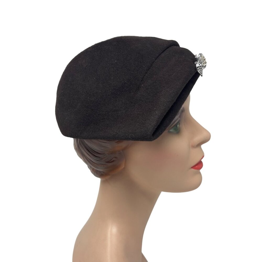 Vintage 1950s Brown Hat Womens Brown Wool Pointed Cap With Silver Brooch - Picture 7 of 12